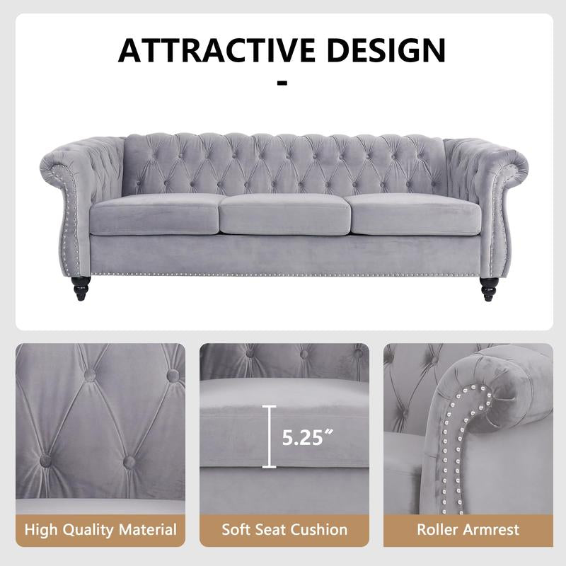 Giratree Furniture 78" 3-Seater Velvet Sofa | Tufted Back Chesterfield Upholstered Couch | Ideal for Living Room, Apartment, Office, Reception, Lounge, Small Spaces