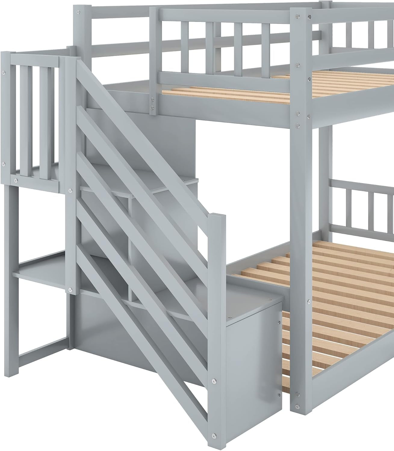 Solid Wood Twin over Twin Low Bunk Bed with Storage and Guardrail for Children and Toddlers