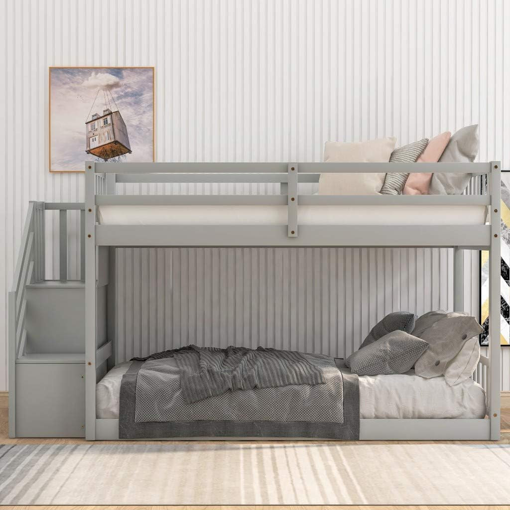 Solid Wood Twin over Twin Low Bunk Bed with Storage and Guardrail for Children and Toddlers