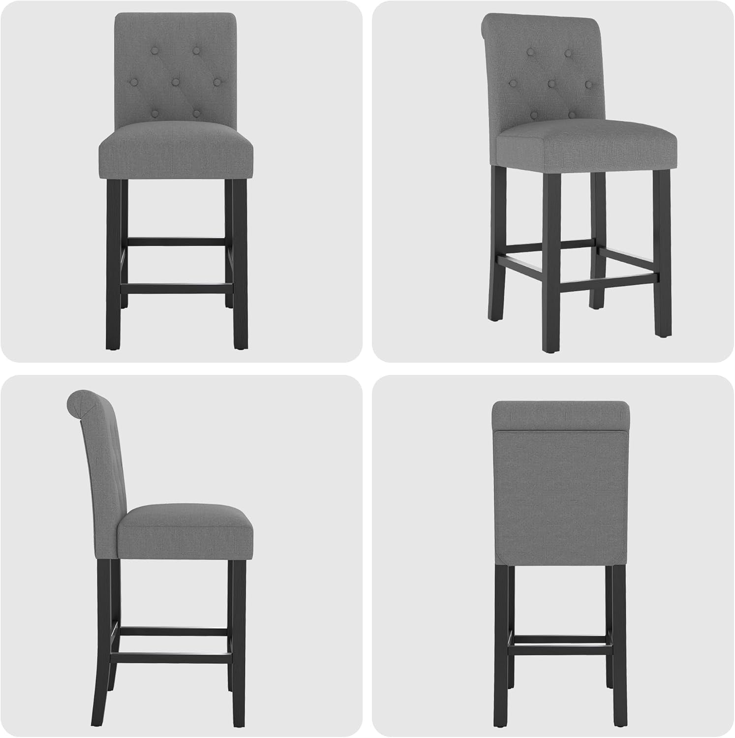 Set of 2 24-Inch Upholstered Counter Height Bar Stools with Button-Tufted Back and Solid Wood Legs in Gray