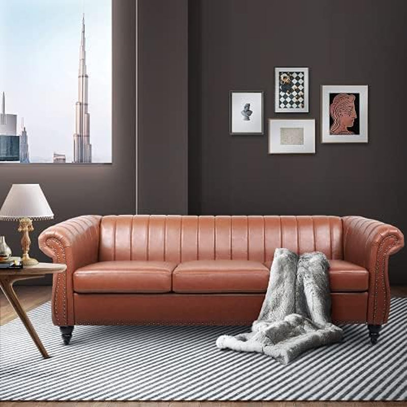 Chesterfield 3-Seater Sofa in PU Leather with Rolled Arms and Studded Accents, Featuring Rotating Solid Wood Legs - Bronze Finish