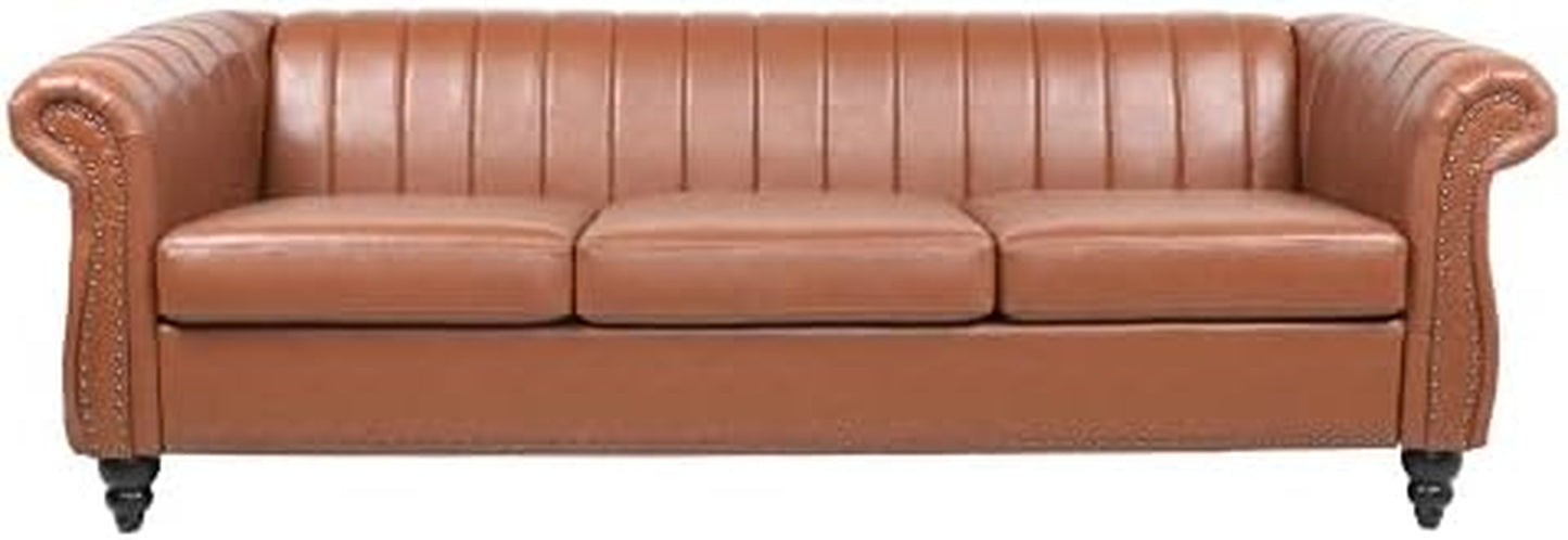 Chesterfield 3-Seater Sofa in PU Leather with Rolled Arms and Studded Accents, Featuring Rotating Solid Wood Legs - Bronze Finish
