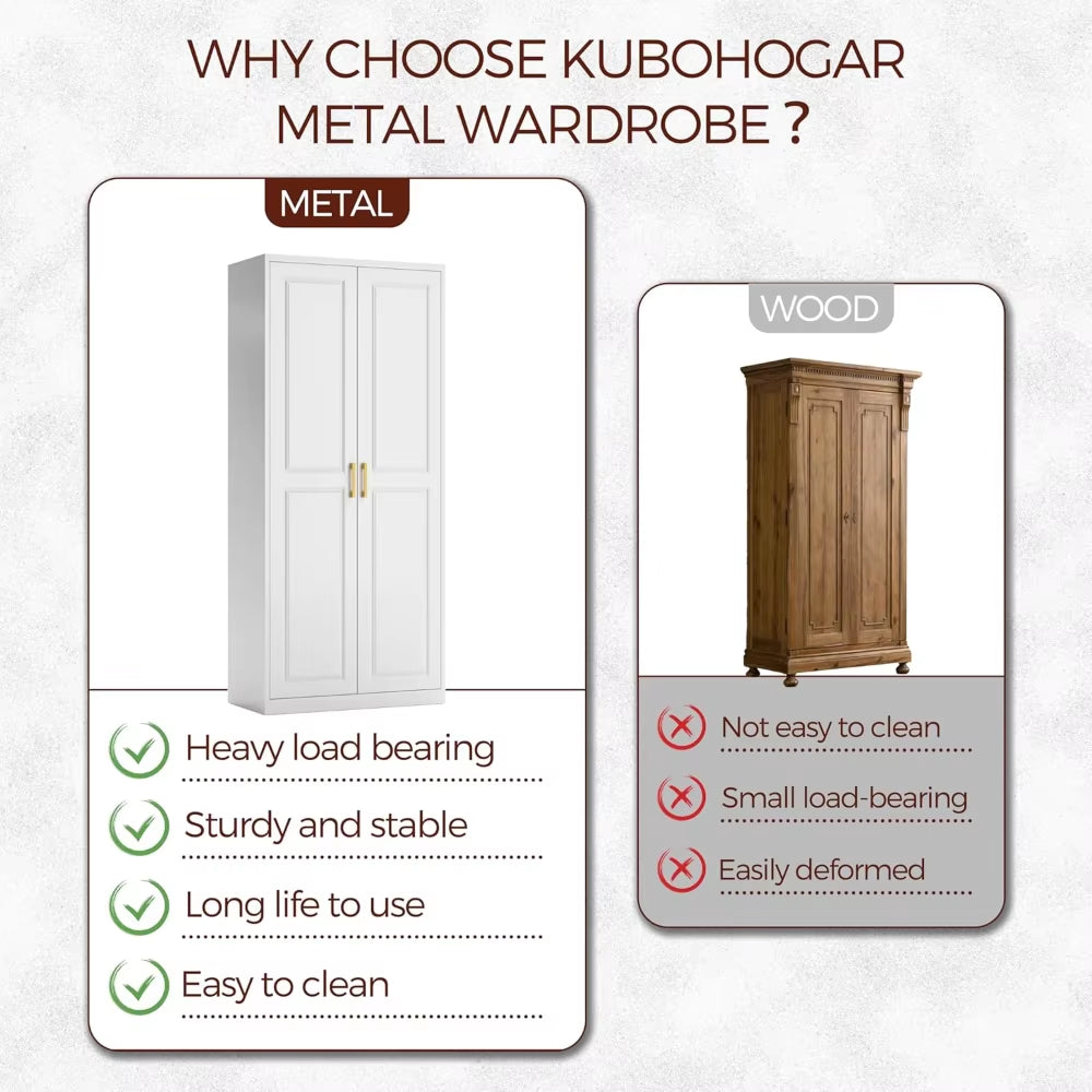 71" Metal Armoire Wardrobe Closet with 2 Doors, Tall Wardrobe Cabinet with Hanging Rod and Adjustable Shelves