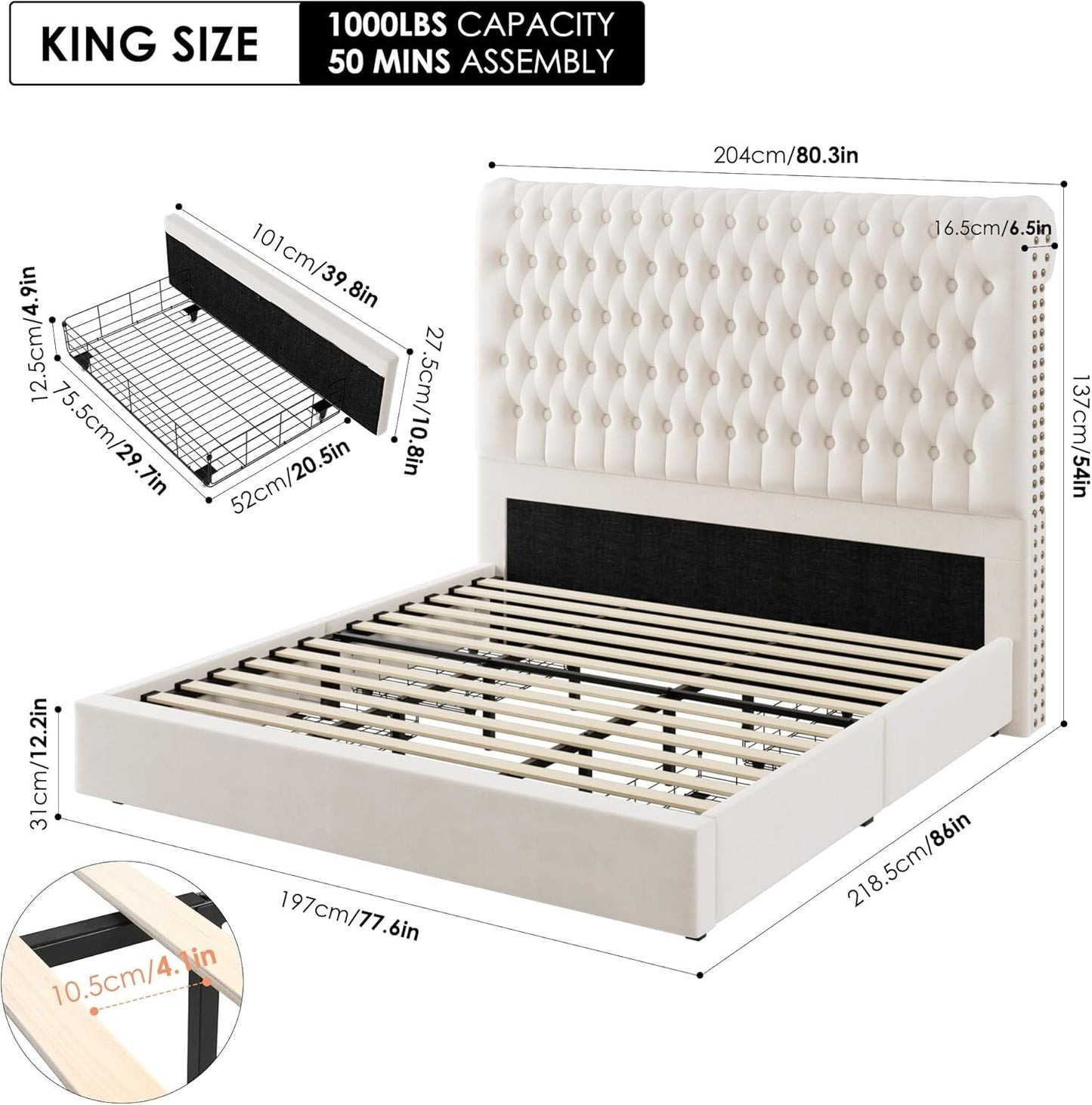 King Size Bed Frame 55" Tall Headboard with Gorgeous Button Tufted and Nail, ...