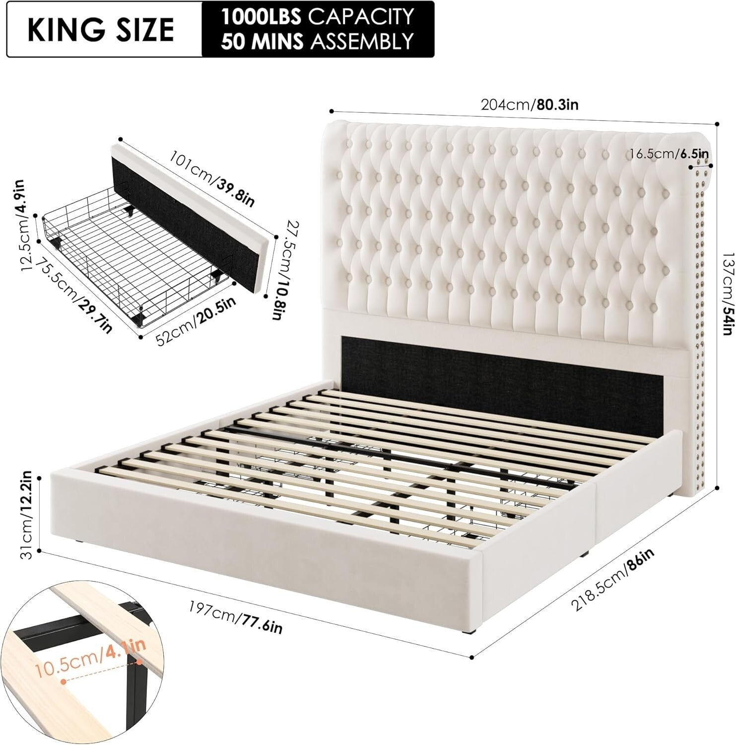 King Size Bed Frame 55" Tall Headboard with Gorgeous Button Tufted and Nail, ...