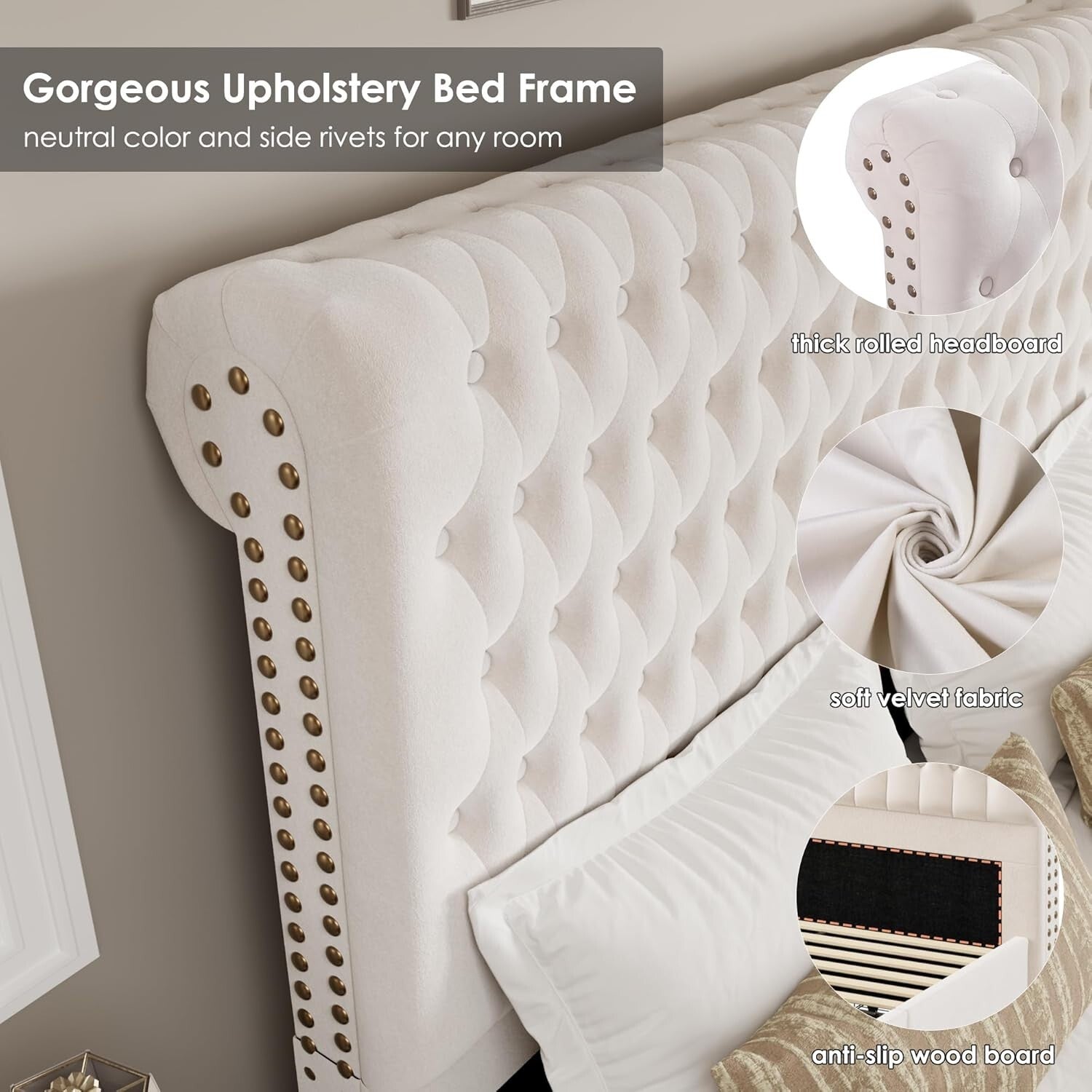King Size Bed Frame 55" Tall Headboard with Gorgeous Button Tufted and Nail, ...