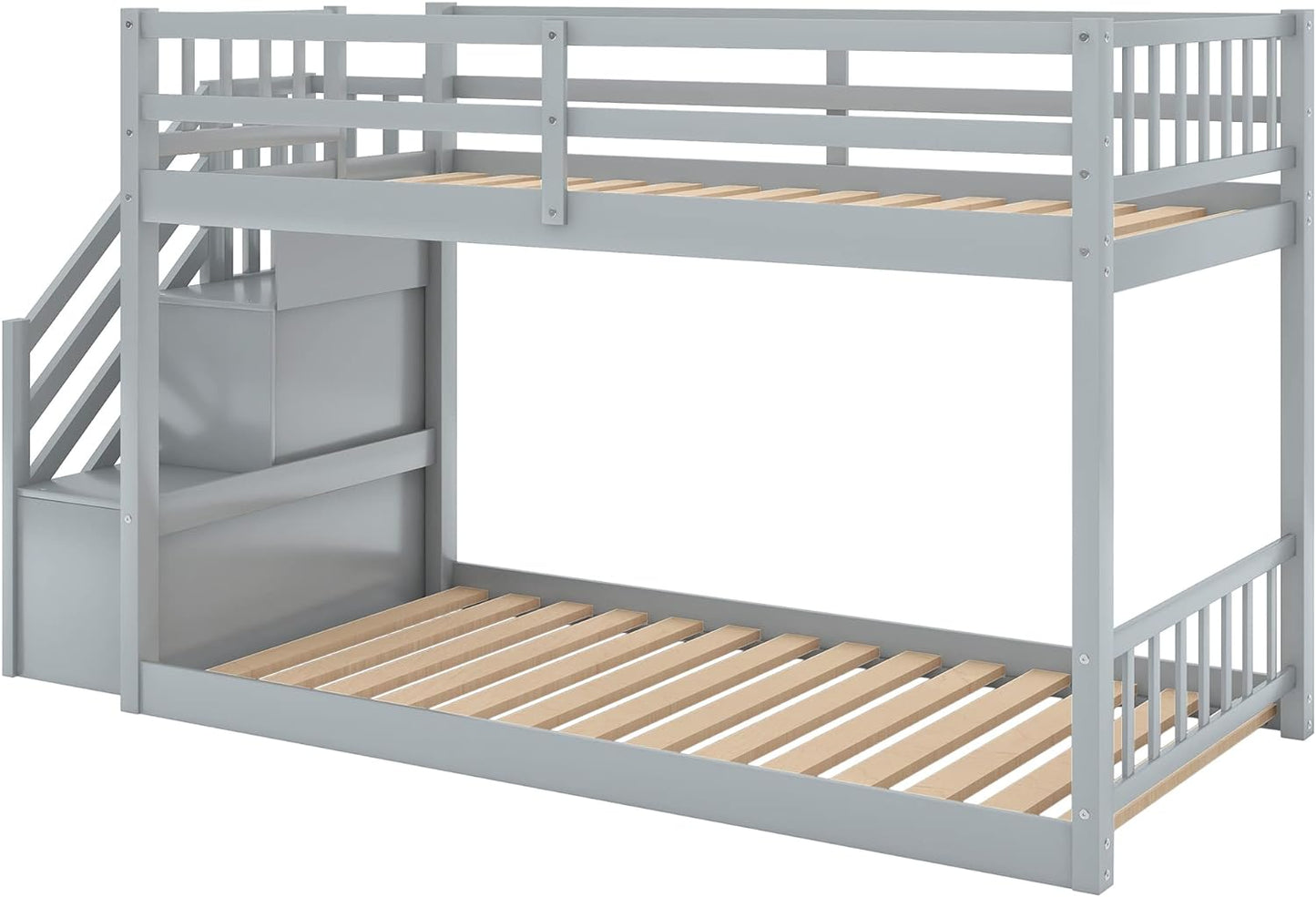 Solid Wood Twin over Twin Low Bunk Bed with Storage and Guardrail for Children and Toddlers