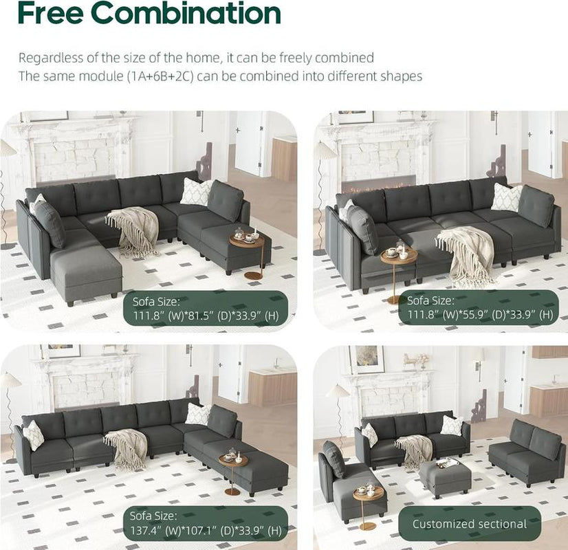 Llappuil 3 Piece Living Room Furniture Set, Modular Sectional Sofa Set with Storage, Velvet 6 Seat Convertible Sectional Sofa Couch for Living Room Dark Gray Lounge Modern