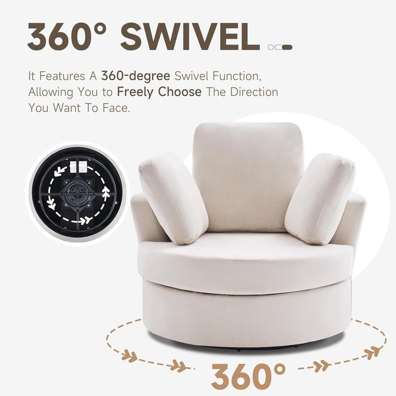 39" Swivel Accent Barrel Chairs with Removable Headrest, Chaise Lounge Indoor with Neck Support Pillow, Swivel Chairs for Living Room, Oversized Chair with Ottoman, Beige