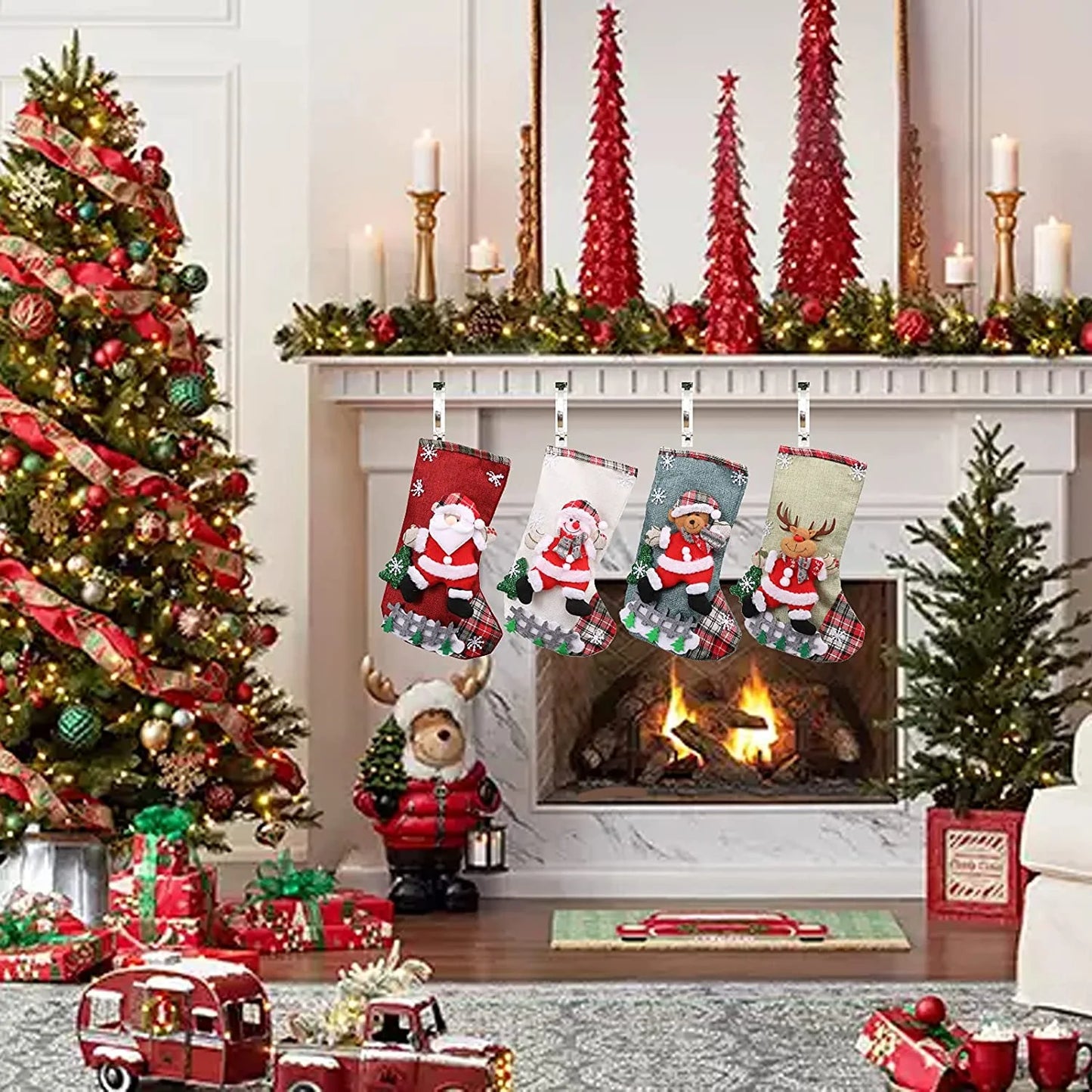 Christmas Stockings 4 Pcs - 18" Large Xmas Stockings - Santa Snowman Reindeer Penguin for Christmas - Decorations Home Party Supplies & Kids Gifts