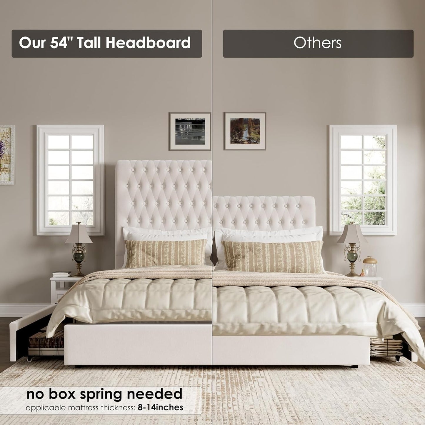 King Size Bed Frame 55" Tall Headboard with Gorgeous Button Tufted and Nail, ...
