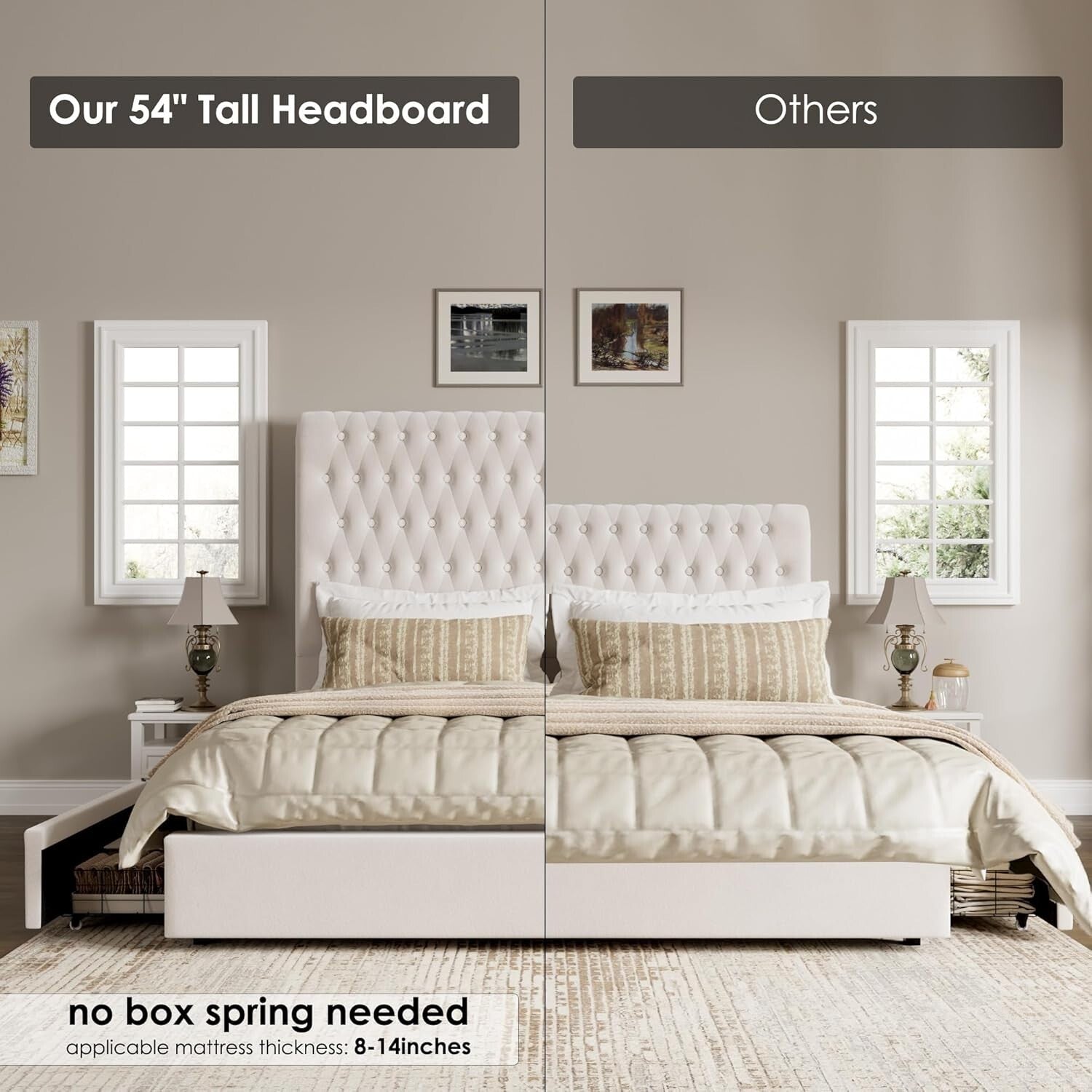King Size Bed Frame 55" Tall Headboard with Gorgeous Button Tufted and Nail, ...