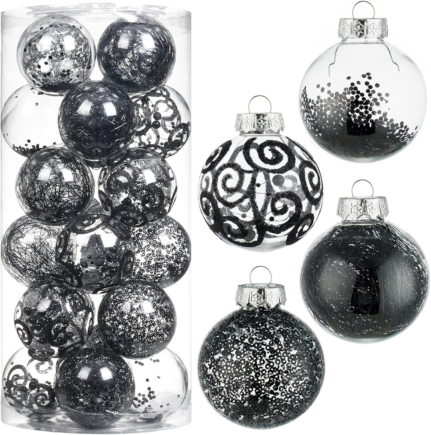 Shatterproof Clear Plastic Christmas Ball Ornaments Set with Stuffed Decorative Baubles (70mm / 2.76", Black)