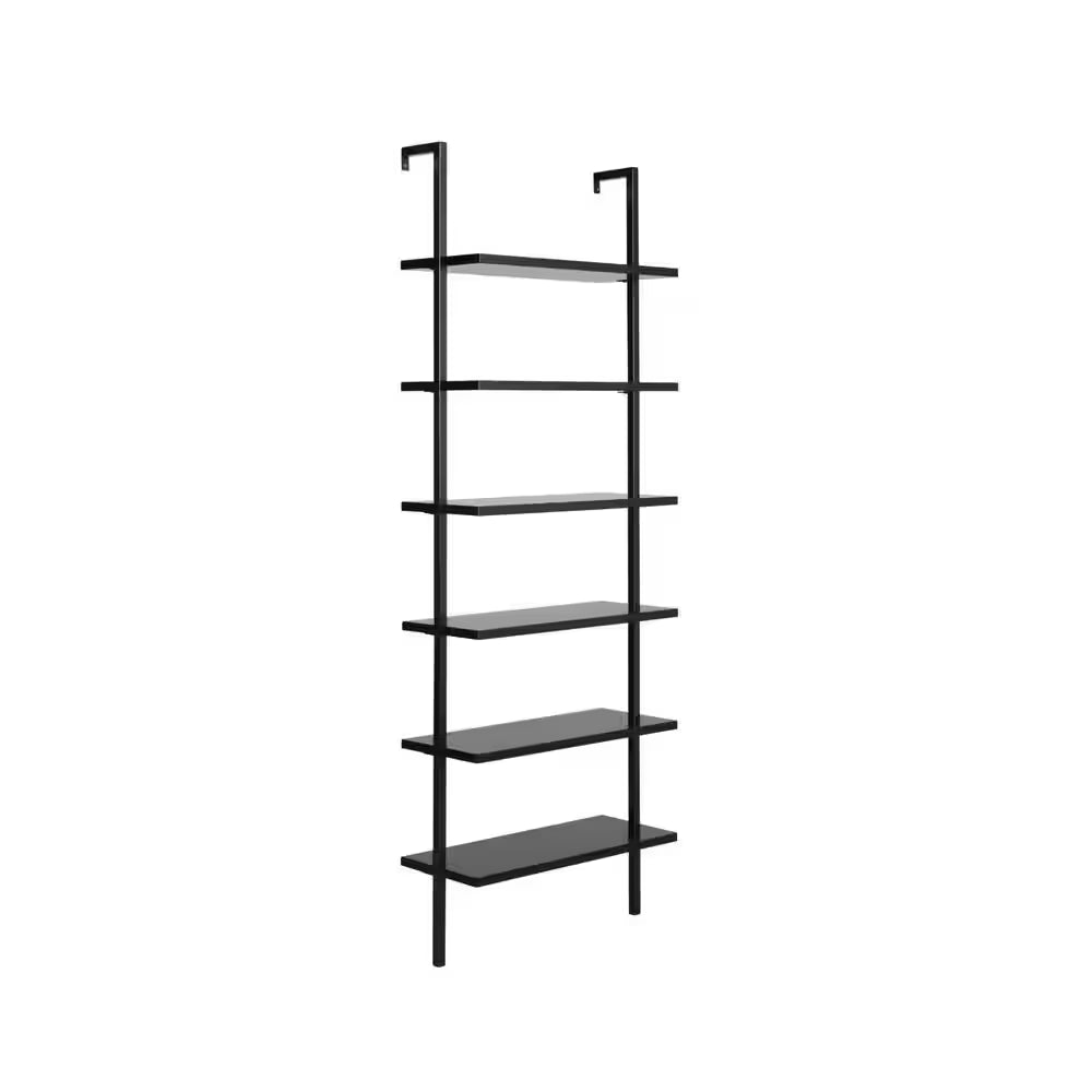 Theo 85-Inch Tall Bookcase with 6 Shelves, Wall-Mounted Wooden Shelves and Metal Frame, Matte Black Finish