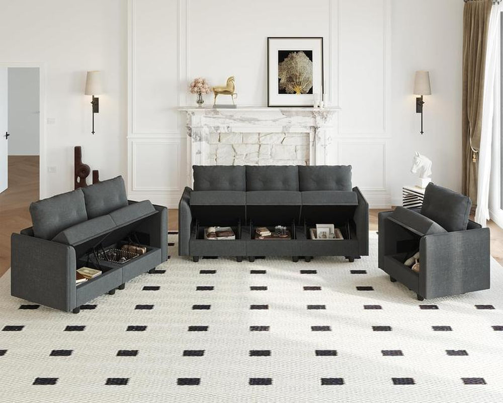 Llappuil 3 Piece Living Room Furniture Set, Modular Sectional Sofa Set with Storage, Velvet 6 Seat Convertible Sectional Sofa Couch for Living Room Dark Gray Lounge Modern