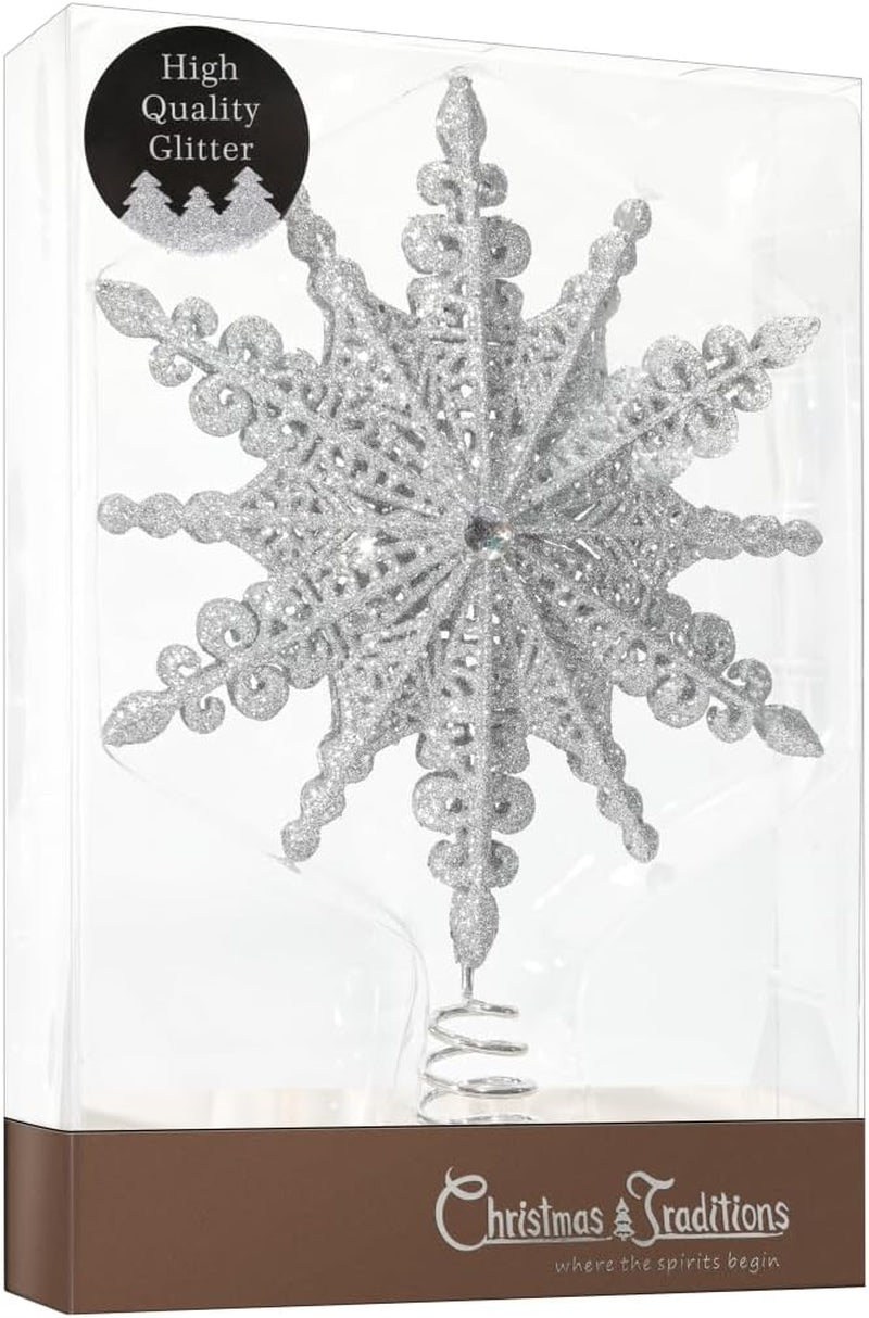 Silver Glittered Filigree Christmas Star Tree Topper - 8 Inch Holiday Home Décor Ornament