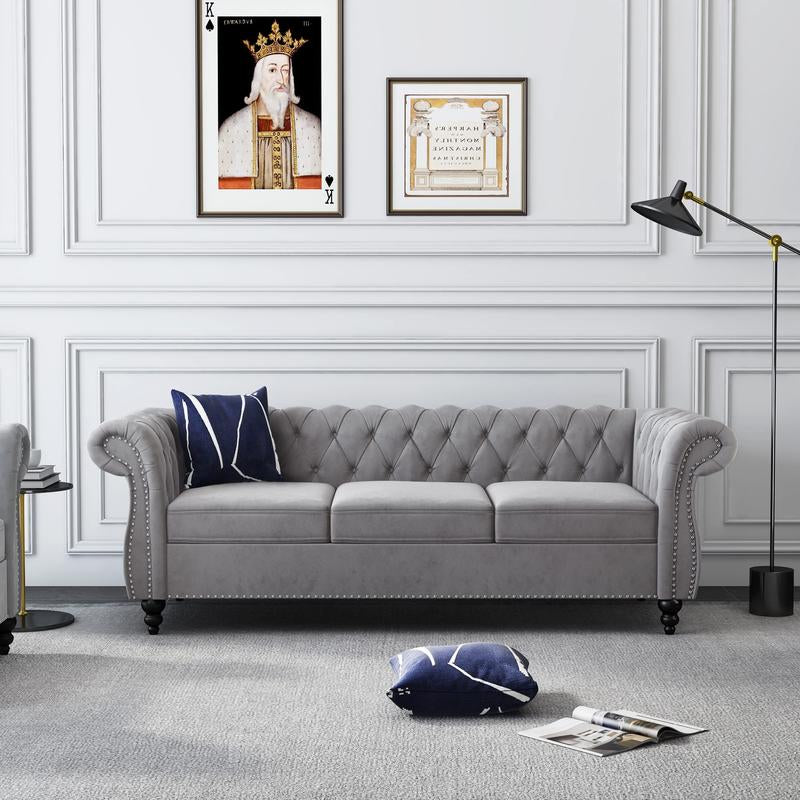 Giratree Furniture 78" 3-Seater Velvet Sofa | Tufted Back Chesterfield Upholstered Couch | Ideal for Living Room, Apartment, Office, Reception, Lounge, Small Spaces