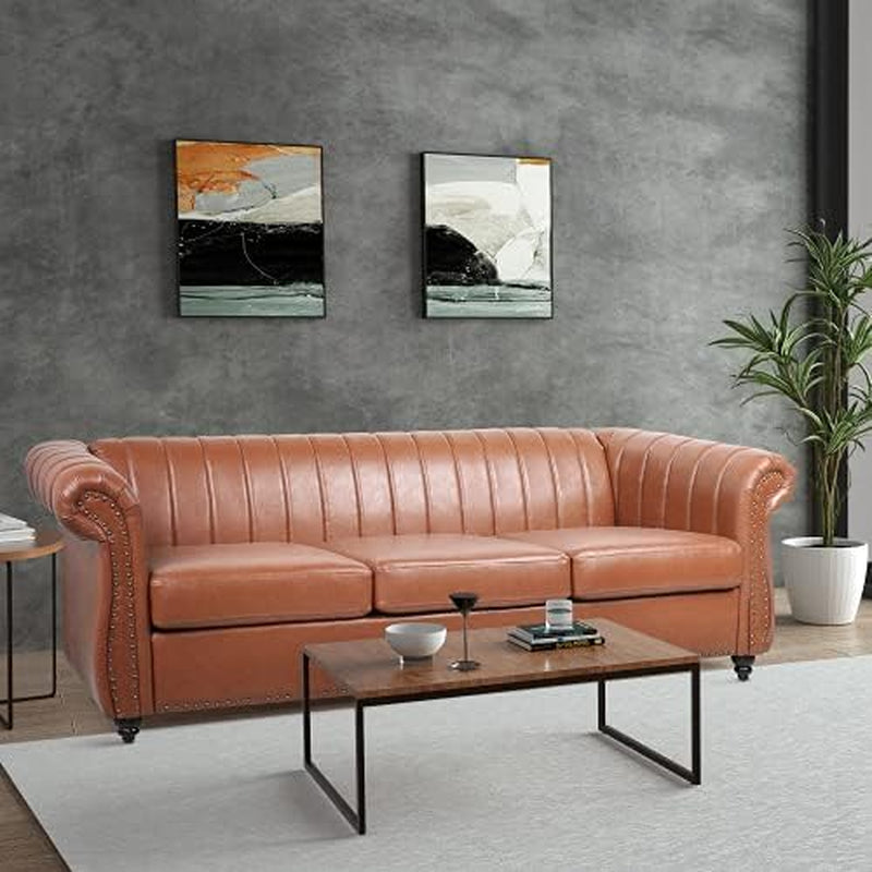 Chesterfield 3-Seater Sofa in PU Leather with Rolled Arms and Studded Accents, Featuring Rotating Solid Wood Legs - Bronze Finish