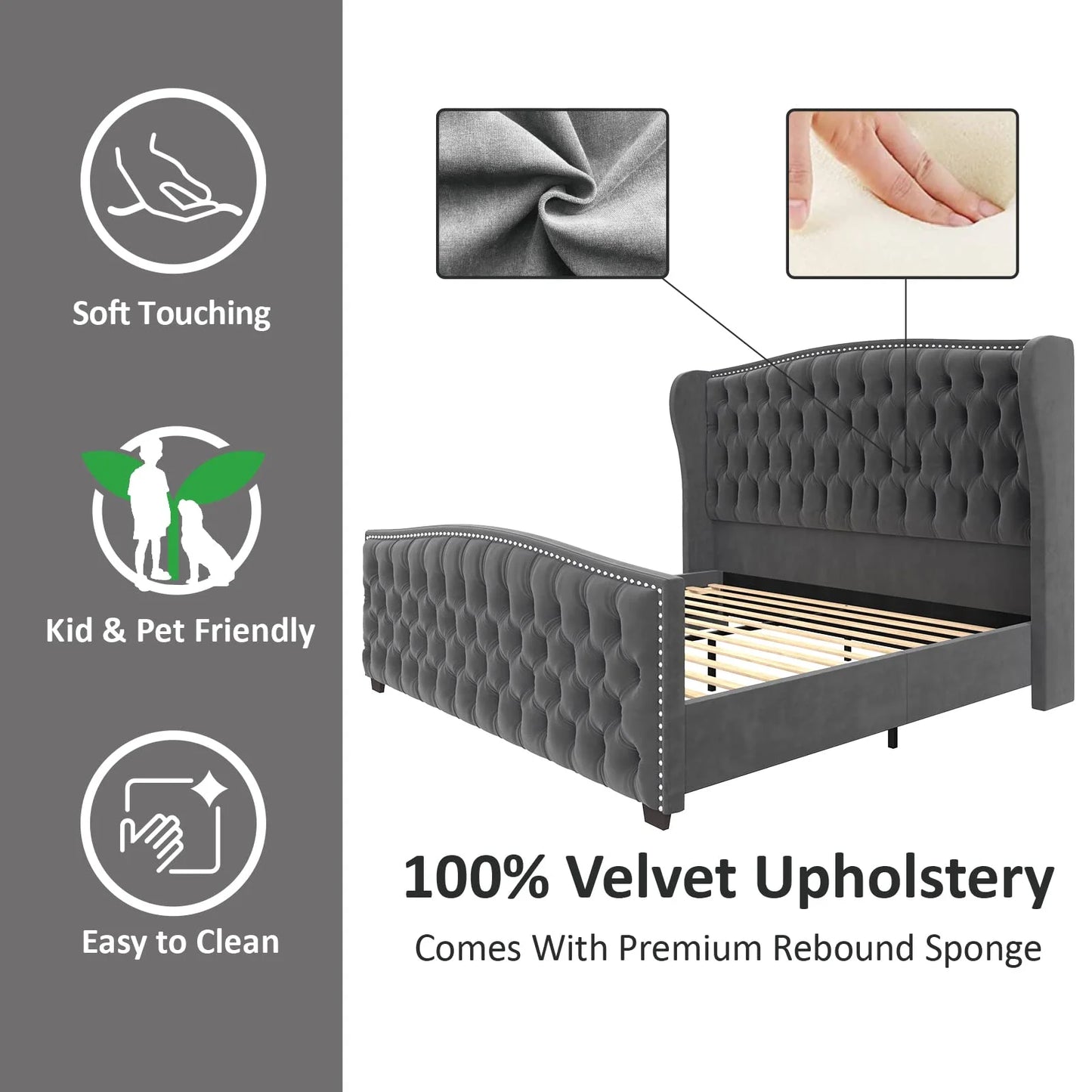 King Size Bed Frame, Velvet Upholstered Bed with Deep Button Tufted Wingback Headboard,Grey