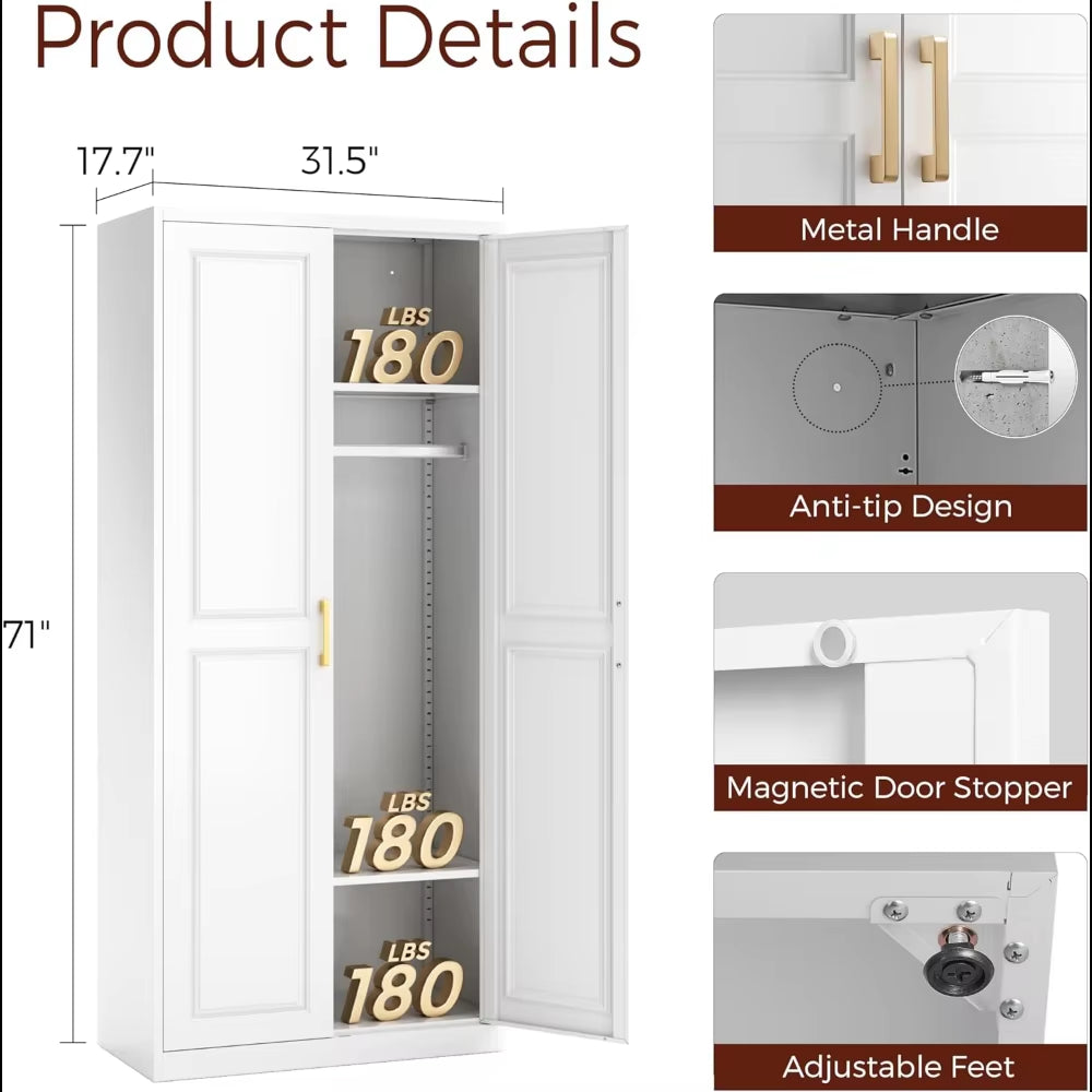 71" Metal Armoire Wardrobe Closet with 2 Doors, Tall Wardrobe Cabinet with Hanging Rod and Adjustable Shelves