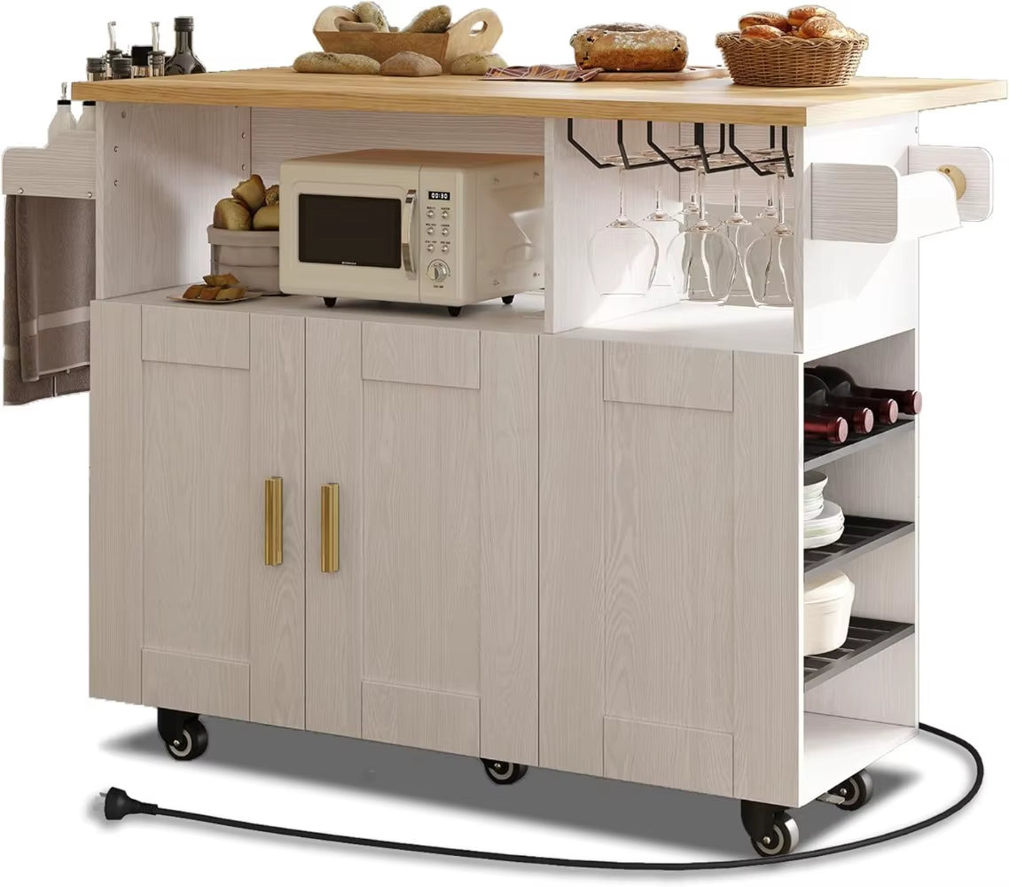 Rolling Mobile Kitchen Island Cart Bar with Desktop Drop Leaf Countertop, Island Table Storage with 5 Wheels, Kitchen Cabinet