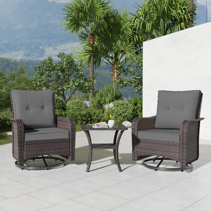 3-Piece Patio Furniture Set with Swivel Rocking Chairs & Table – Outdoor Rattan Porch Lounge Set