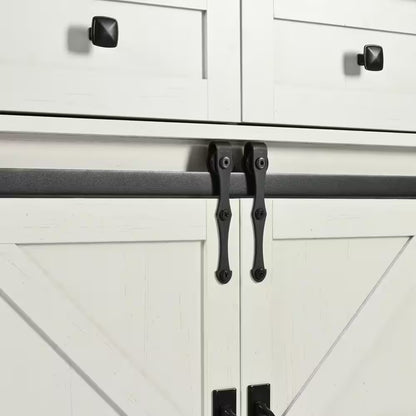 Wood 53.7 In. Kitchen Island with Power Outlet, 2-Sliding Barn Door, Drop Leaf and Wheels, White/Brown