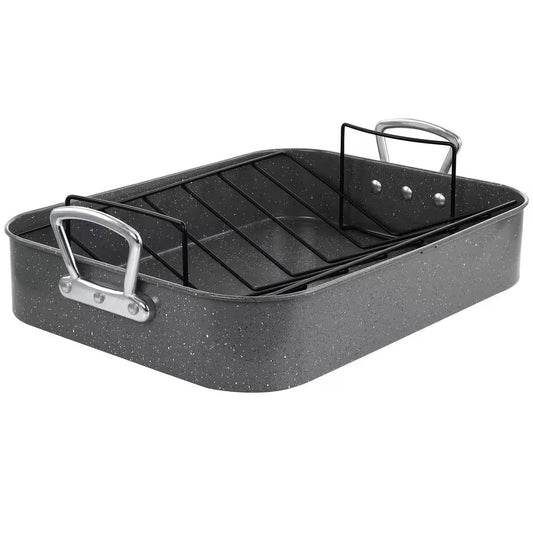 Greystone 12 Qt. Speckled Grey Carbon Steel Turkey Roasting Pan Set with Rack