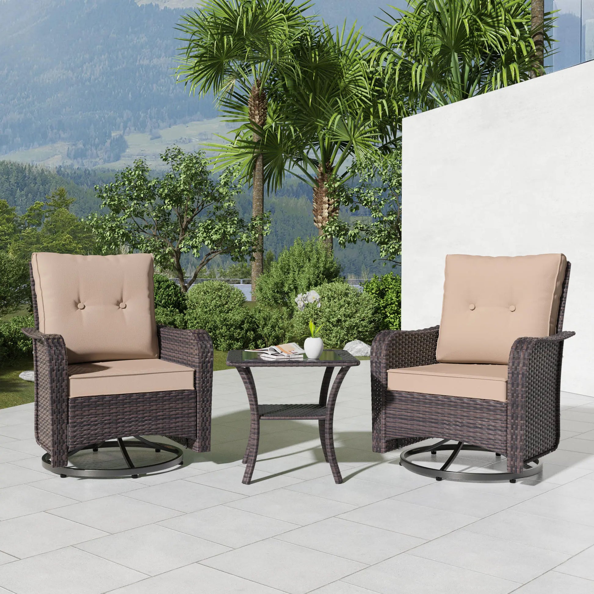 3-Piece Patio Furniture Set with Swivel Rocking Chairs & Table – Outdoor Rattan Porch Lounge Set