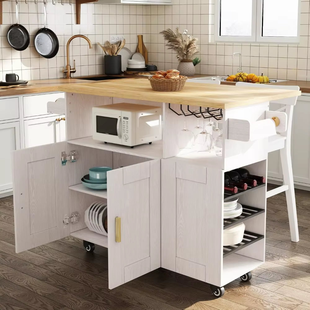 Rolling Mobile Kitchen Island Cart Bar with Desktop Drop Leaf Countertop, Island Table Storage with 5 Wheels, Kitchen Cabinet