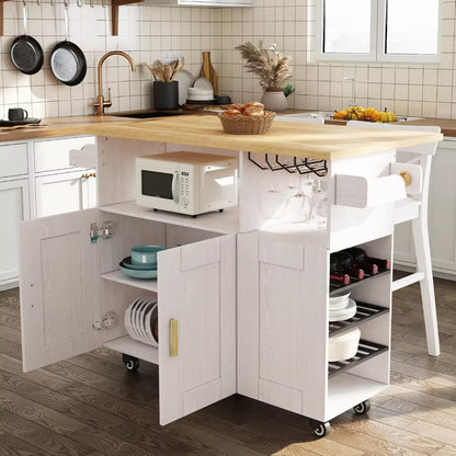 Rolling Mobile Kitchen Island Cart Bar with Desktop Drop Leaf Countertop, Island Table Storage with 5 Wheels, Kitchen Cabinet