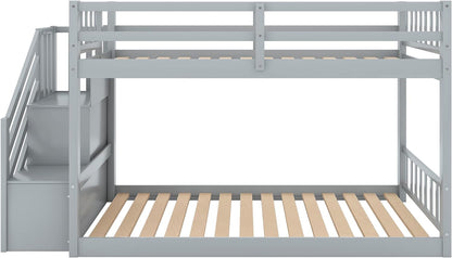 Solid Wood Twin over Twin Low Bunk Bed with Storage and Guardrail for Children and Toddlers