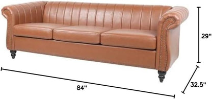 Chesterfield 3-Seater Sofa in PU Leather with Rolled Arms and Studded Accents, Featuring Rotating Solid Wood Legs - Bronze Finish