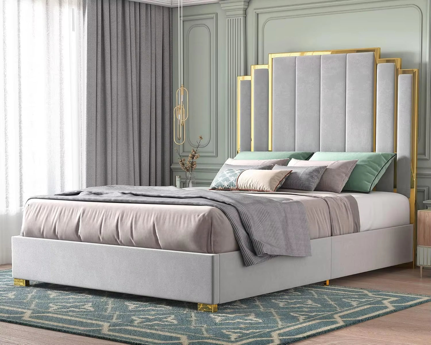 Queen Size Bed Frame and 61" Headboard Upholstered Bed with Golden Plating Trim Modern Platform Bed No Box Spring Needed