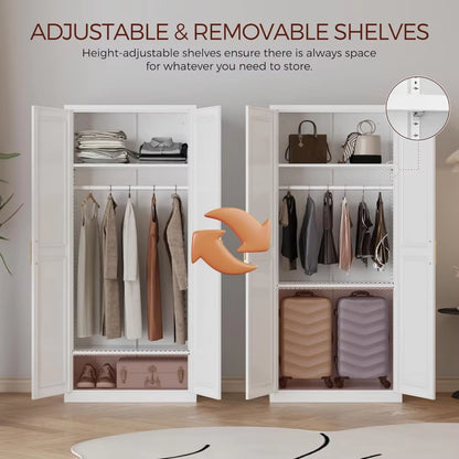 71" Metal Armoire Wardrobe Closet with 2 Doors, Tall Wardrobe Cabinet with Hanging Rod and Adjustable Shelves