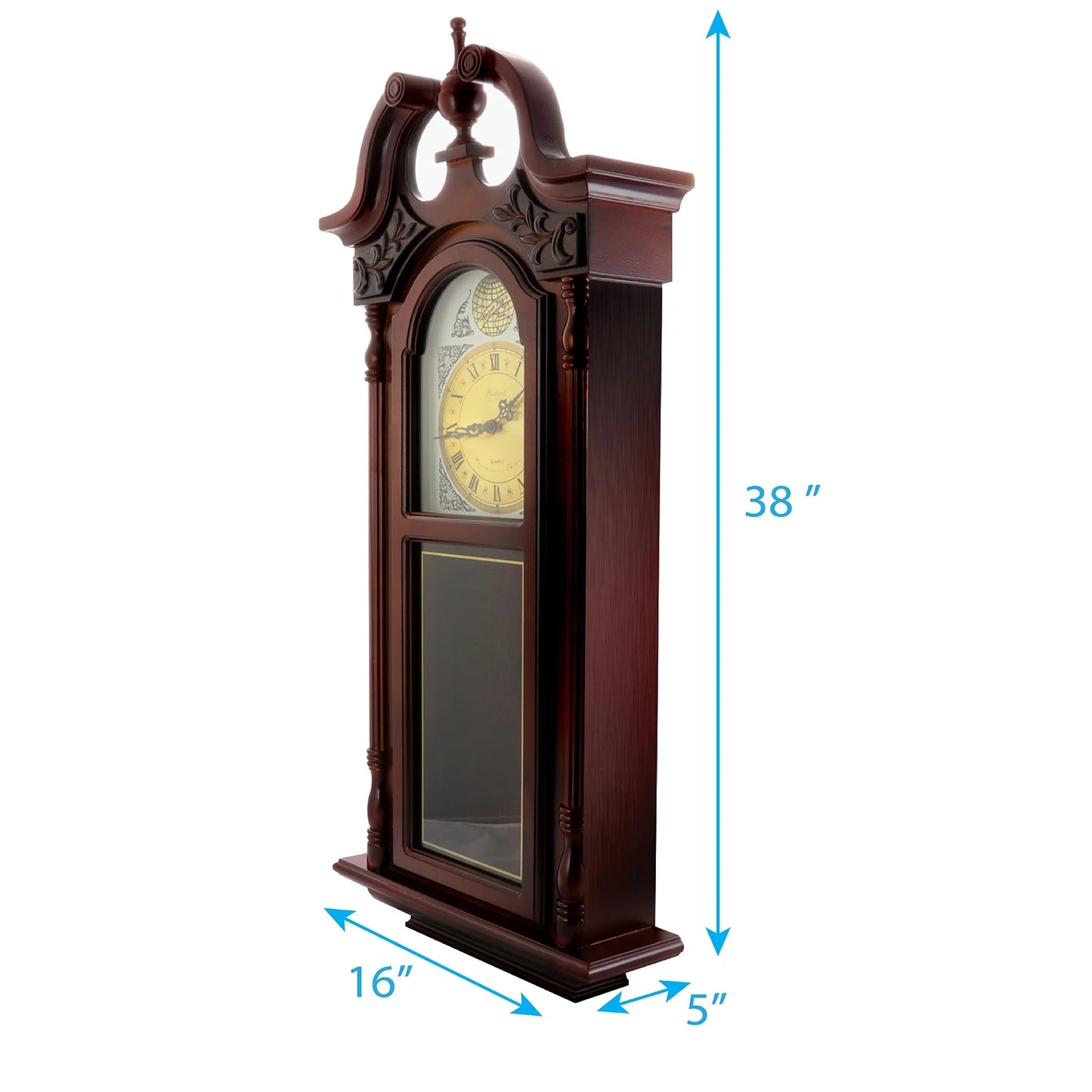 Bedford Clock Collection 38" Grand Antique Chiming Wall Clock with Roman Numerals in a in a Cherry Oak Finish