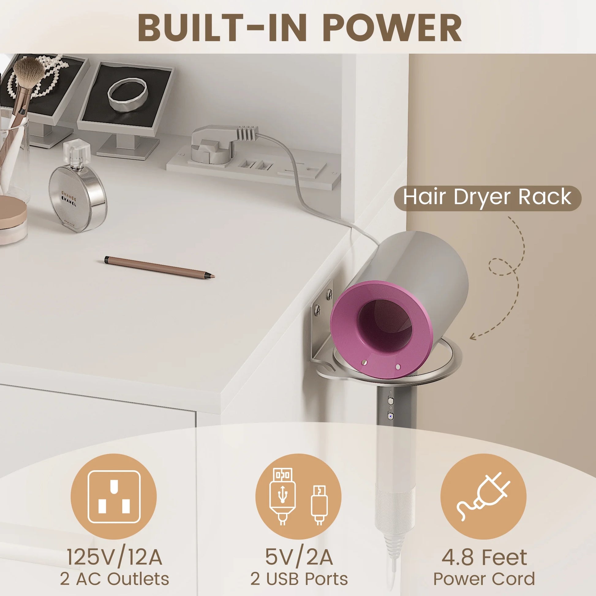 Makeup Vanity Table with Lighted Mirror, Power Outlet, 7 Drawers and 6 Storage Shelves, White Bedroom Vanity Desk