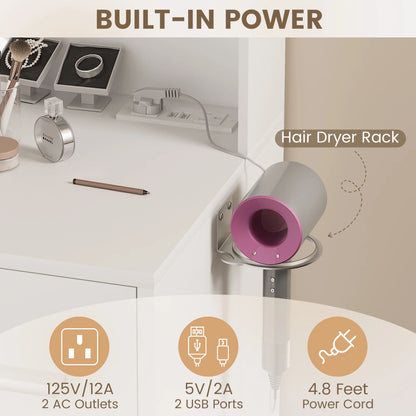 Makeup Vanity Table with Lighted Mirror, Power Outlet, 7 Drawers and 6 Storage Shelves, White Bedroom Vanity Desk