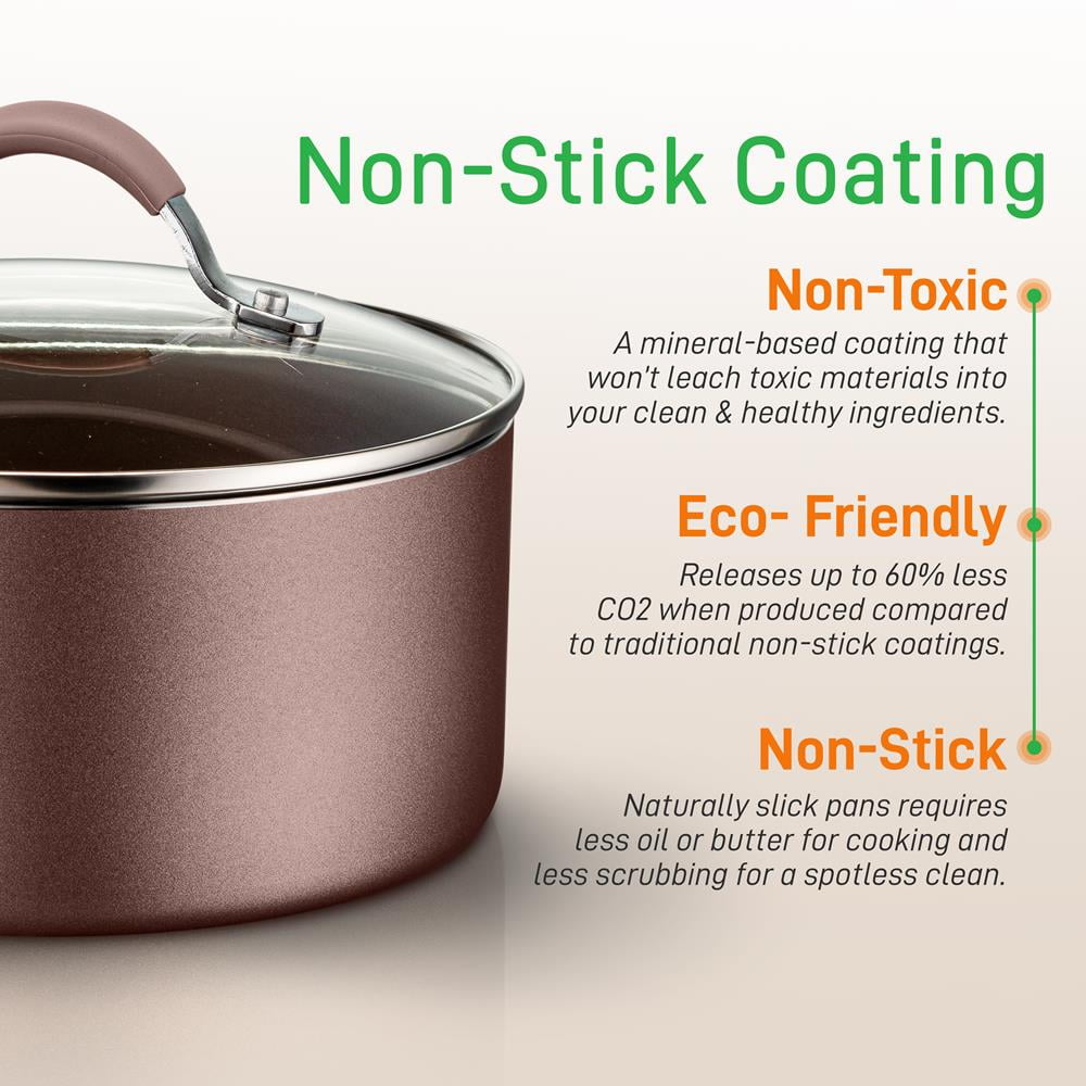 20-Piece Nonstick Cookware & Bakeware Set, PFOA/PTFE/PFOS-Free, Heat-Resistant Silicone Handles, Brown