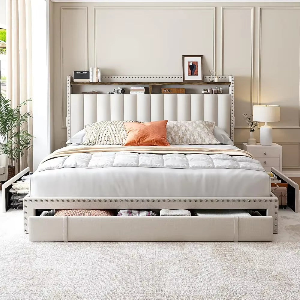 Full/Queen Bed Frame with 3 Drawers, Upholstered , with Headboard, with Storage, Easy Assembly, Full/Queen Bed Frame