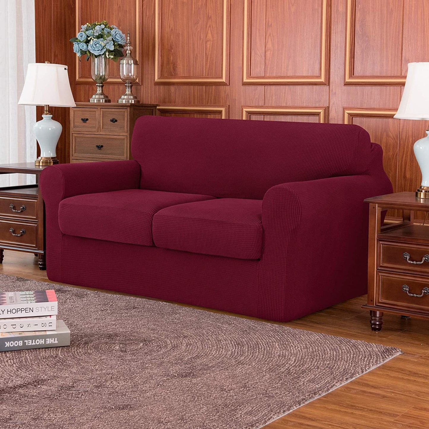 3-Piece High Spandex Textured Grid Sofa Slipcover, Separate Cushion Cover(Wine, Loveseat)