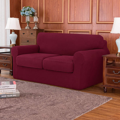 3-Piece High Spandex Textured Grid Sofa Slipcover, Separate Cushion Cover(Wine, Loveseat)