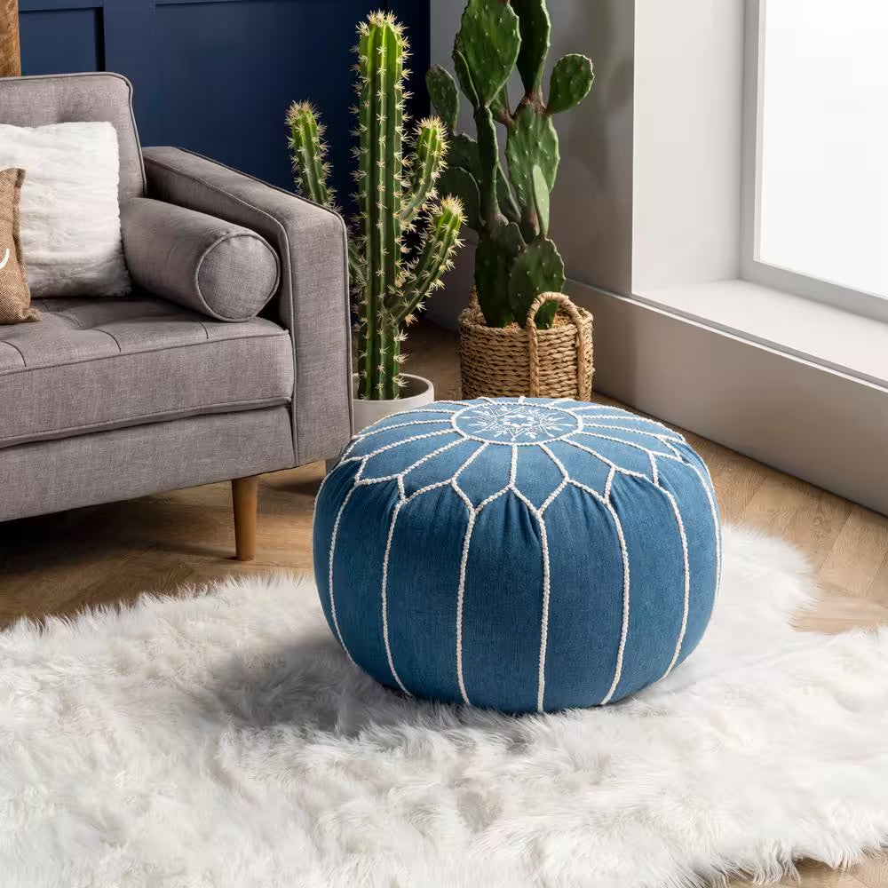 Elegant Round Blue Moroccan Cotton Ottoman Pouf