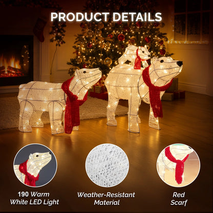 3-Piece Christmas Decor Lighted Polar Bear Family, Pre-Lit Outdoor Indoor Christmas Decor with Warm White Leds