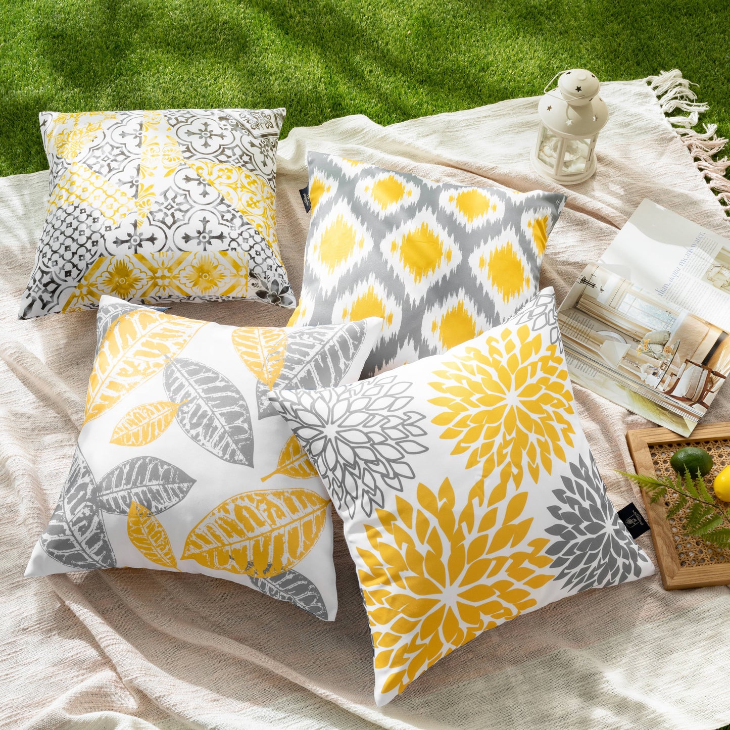 Outdoor Waterproof New Living Series Throw Pillow, Decorative Pillows for Patio Garden, Yellow and Gray 18 X 18 Inches, Set of 4