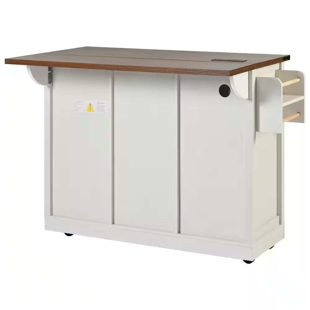 Wood 53.7 In. Kitchen Island with Power Outlet, 2-Sliding Barn Door, Drop Leaf and Wheels, White/Brown