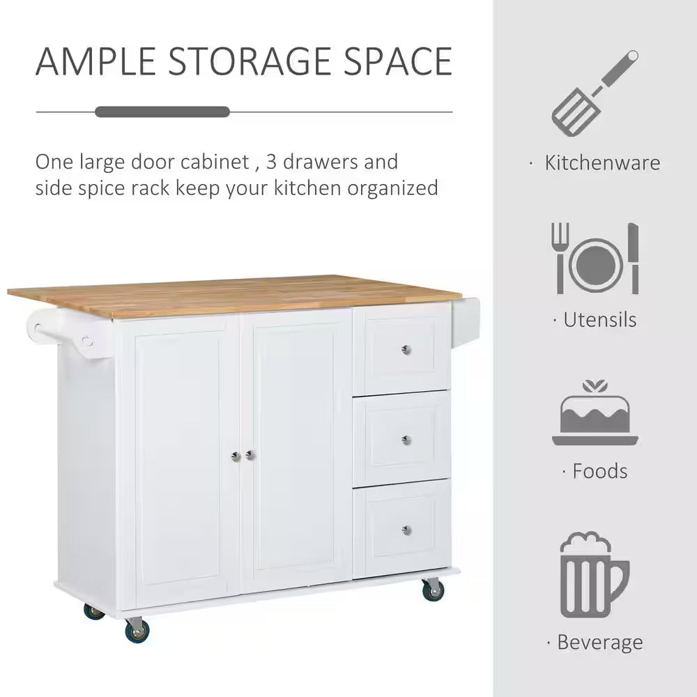 White Rolling Kitchen Island Cart – Mobile Storage Cabinet with 3 Drawers, Adjustable Shelf, Spice Rack & Towel Bar