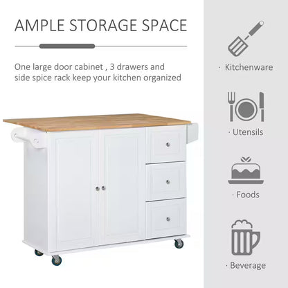 White Rolling Kitchen Island Cart – Mobile Storage Cabinet with 3 Drawers, Adjustable Shelf, Spice Rack & Towel Bar