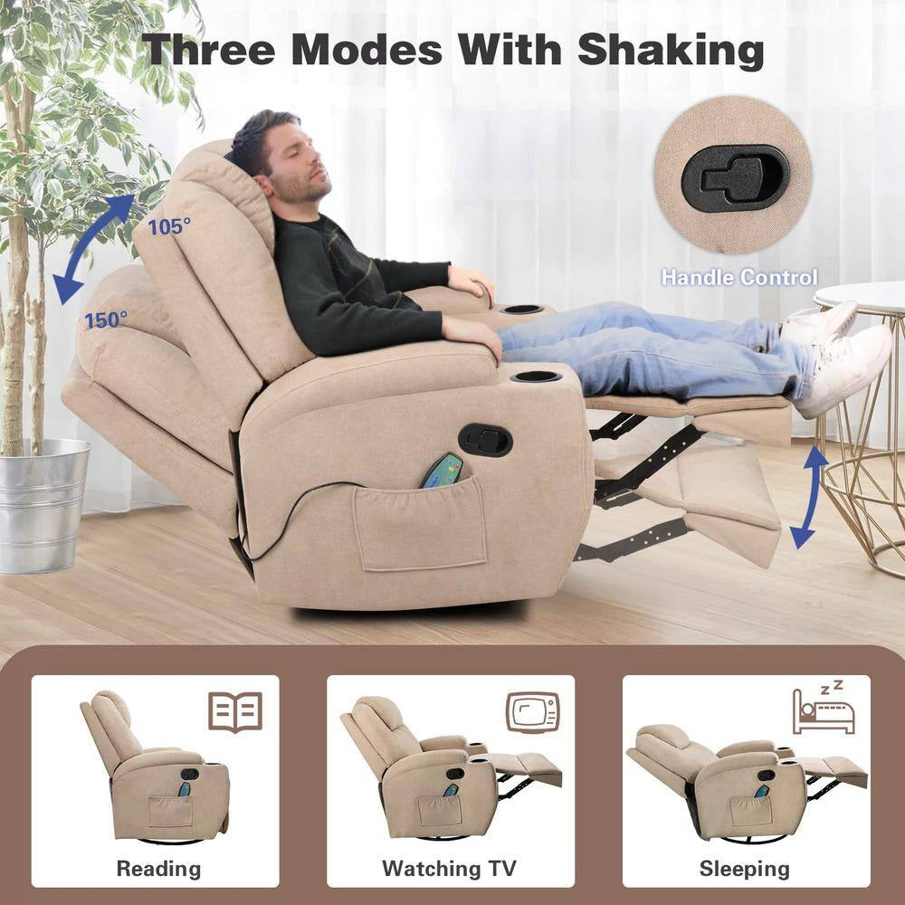 Ultimate Comfort: Big & Tall Beige Linen Recliner Chair with Swivel, Rocking and Power Massage Function