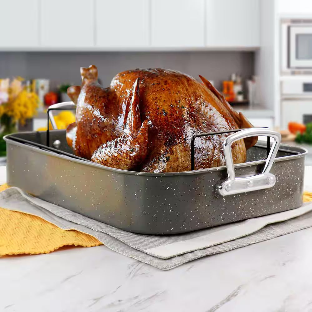 Greystone 12 Qt. Speckled Grey Carbon Steel Turkey Roasting Pan Set with Rack